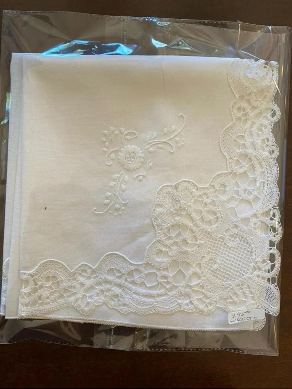 Vintage Heirloom hand Embroidered Lace-Edge White Linen Bridal Hanky